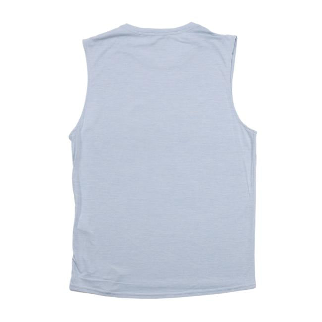 The Patagonia Light Blue Sleeveless Tank by Patagonia is laid flat, back facing up on a white background. Made from recycled polyester Capilene Cool Daily fabric, it features a plain design without visible patterns or logos.