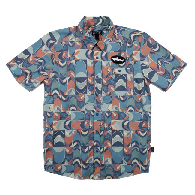 The Patagonia Multi Geo Shape Button Up features a blue, orange, and cream geo print, made from organic cotton with a small fish logo on the chest—a stylish piece from the Dogfish Head x Patagonia collaboration.