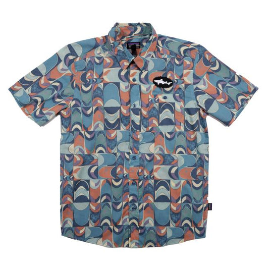 The Patagonia Multi Geo Shape Button Up features a blue, orange, and cream geo print, made from organic cotton with a small fish logo on the chest—a stylish piece from the Dogfish Head x Patagonia collaboration.
