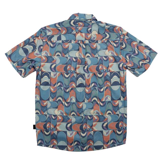 The Patagonia Multi Geo Shape Button Up is a short-sleeve shirt with blue, orange, and beige curved shapes. Made from organic cotton, it’s shown flat with the back facing up. Part of the Dogfish Head x Patagonia collection.