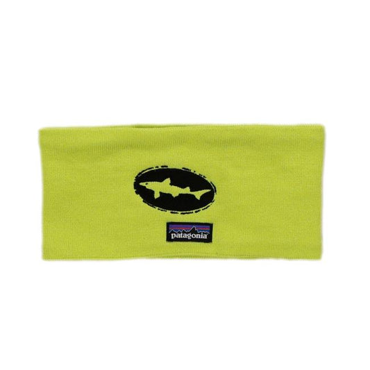 The Patagonia Neon Green Headband features a black fish silhouette logo with a small rectangular Patagonia label, making it a stylish choice for winter.