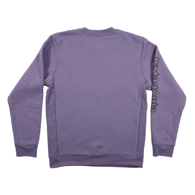 The Patagonia Purple Uprisal Crew Sweatshirt is shown from the back, with "Patagonia" printed vertically in black on the right sleeve.