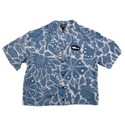 The Patagonia W Blue Threads Button Up is a women's shirt made from a hemp and organic cotton blend, with a blue and white floral pattern and shark patch on the chest. Part of the Dogfish Head x Patagonia collection.