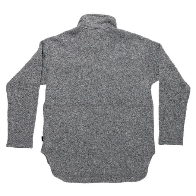 The Patagonia W Heather Gray Full Zip Sweater Coat by Patagonia is shown laid flat, back view. Made from recycled polyester fleece, it has a textured finish and slightly curved hem for comfort.