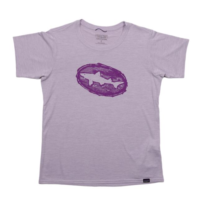 The Patagonia W Lavender Short Sleeve Runner is a light purple sustainable athletic tee with a hand-drawn oval purple design and white shark silhouette, laid flat on a white background.