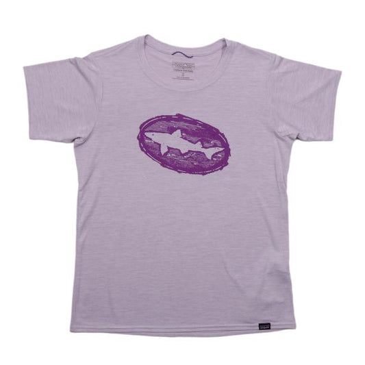 The Patagonia W Lavender Short Sleeve Runner is a light purple sustainable athletic tee with a hand-drawn oval purple design and white shark silhouette, laid flat on a white background.