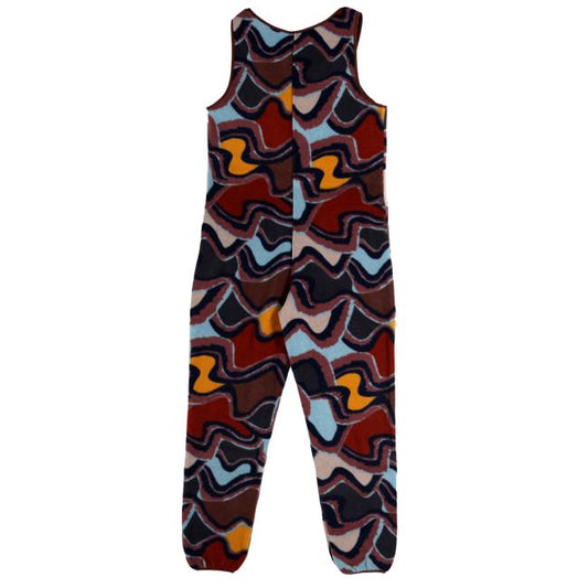 The Patagonia W Multi-Colored Synch Onesie is a sleeveless jumpsuit made from recycled polyester fleece, showcasing a bold wavy pattern in maroon, blue, yellow, black, and white—a vibrant base layer for any adventure.