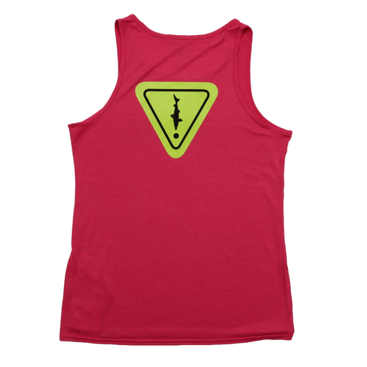 The Patagonia W Pink Sleeveless Runner is a women’s moisture-wicking running tank in pink, featuring a yellow shark warning sign on the back—ideal for fans of the Dogfish Head runner tank style.