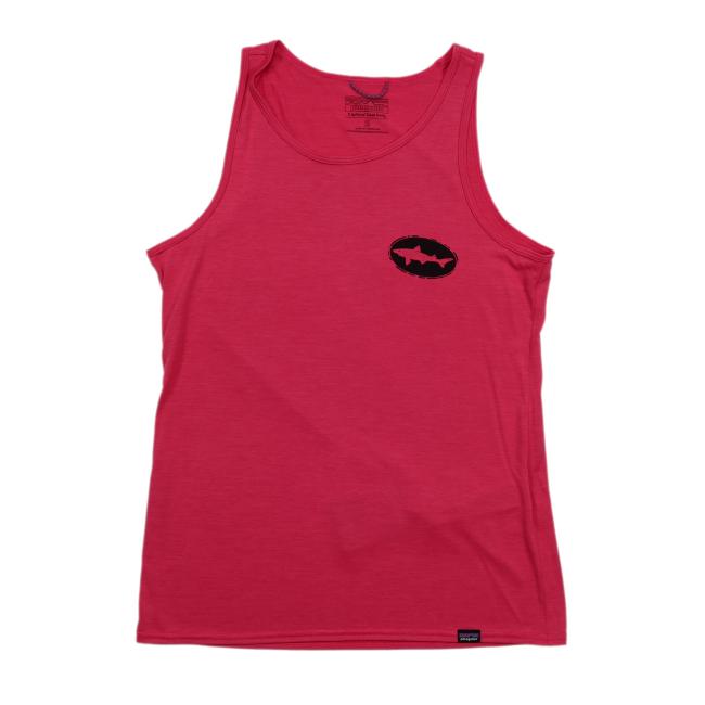 The Patagonia W Pink Sleeveless Runner is a women's moisture-wicking tank in red with a small black Dogfish Head runner logo featuring a fish silhouette on the left chest, shown laid flat on a white background. Brand: Patagonia.