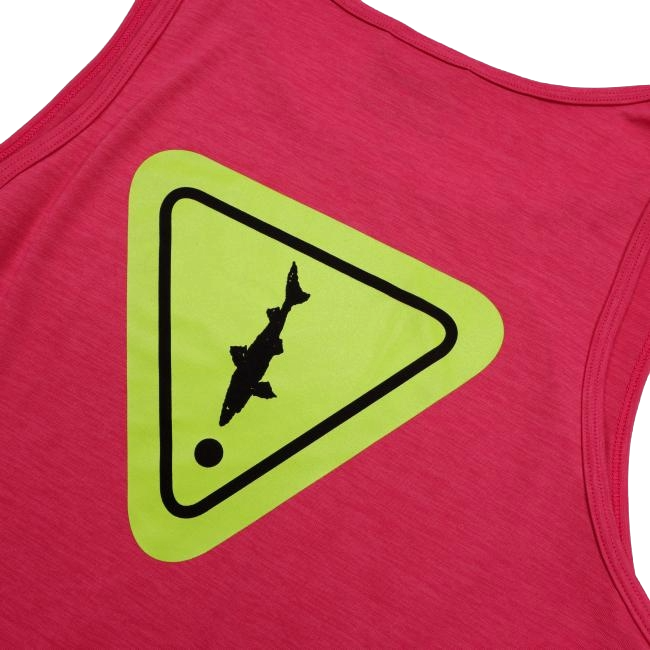 A close-up of the Patagonia W Pink Sleeveless Runner tank, showing a yellow triangular sign with a black fish silhouette and small dot on the back—ideal as a runner tank.