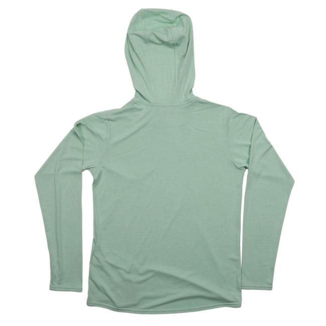 A teal Patagonia W Long Sleeve Daily Hoody, made for daily performance, is shown laid flat with the back side facing up. The fabric looks soft and lightweight.