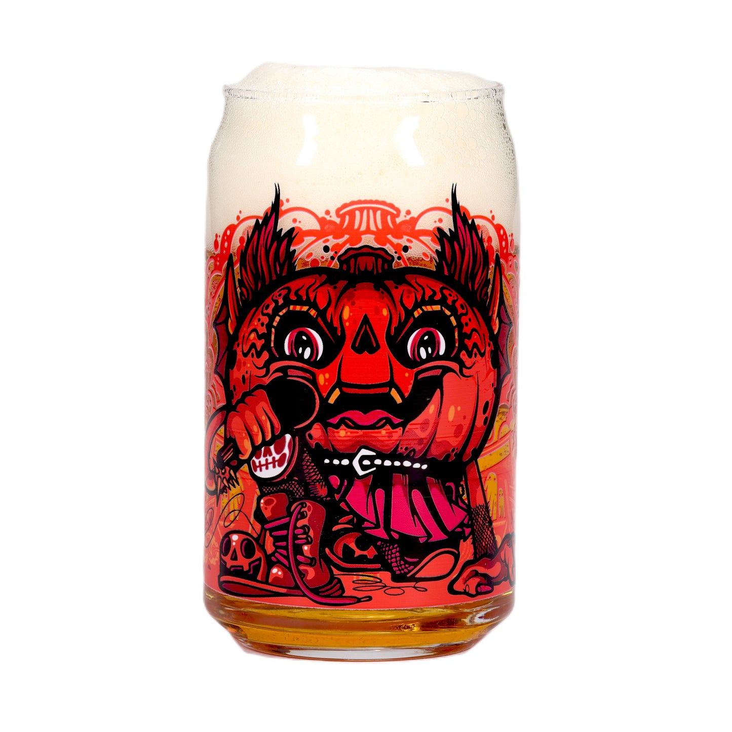 The Punkin Can Glass by Grandstand Glassware & Apparel features vibrant, playful artwork of a pumpkin-headed character with devil horns, holding a microphone and wearing a jacket, boots, and skirt, with foam topping the beer inside.