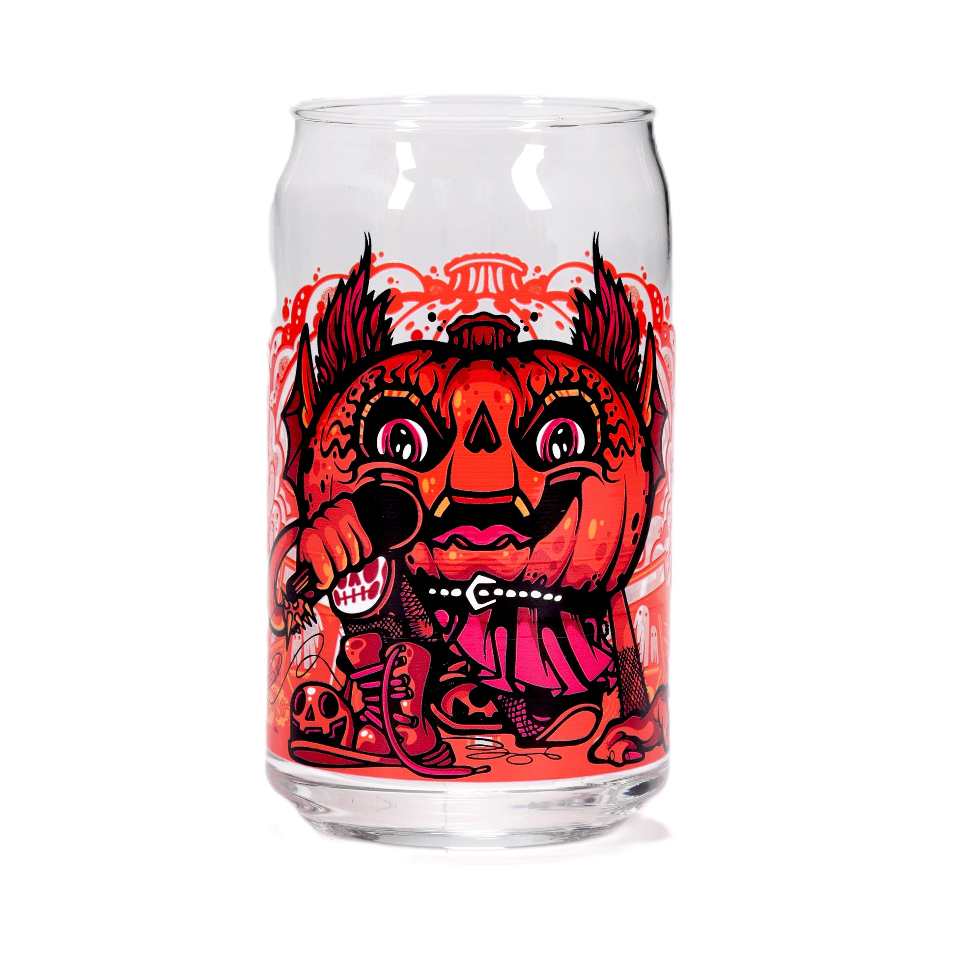 The Punkin Can Glass by Grandstand Glassware & Apparel features bold cartoon-style Halloween art of a jack-o-lantern with a microphone, in vivid red, orange, and black on a can-shaped glass.