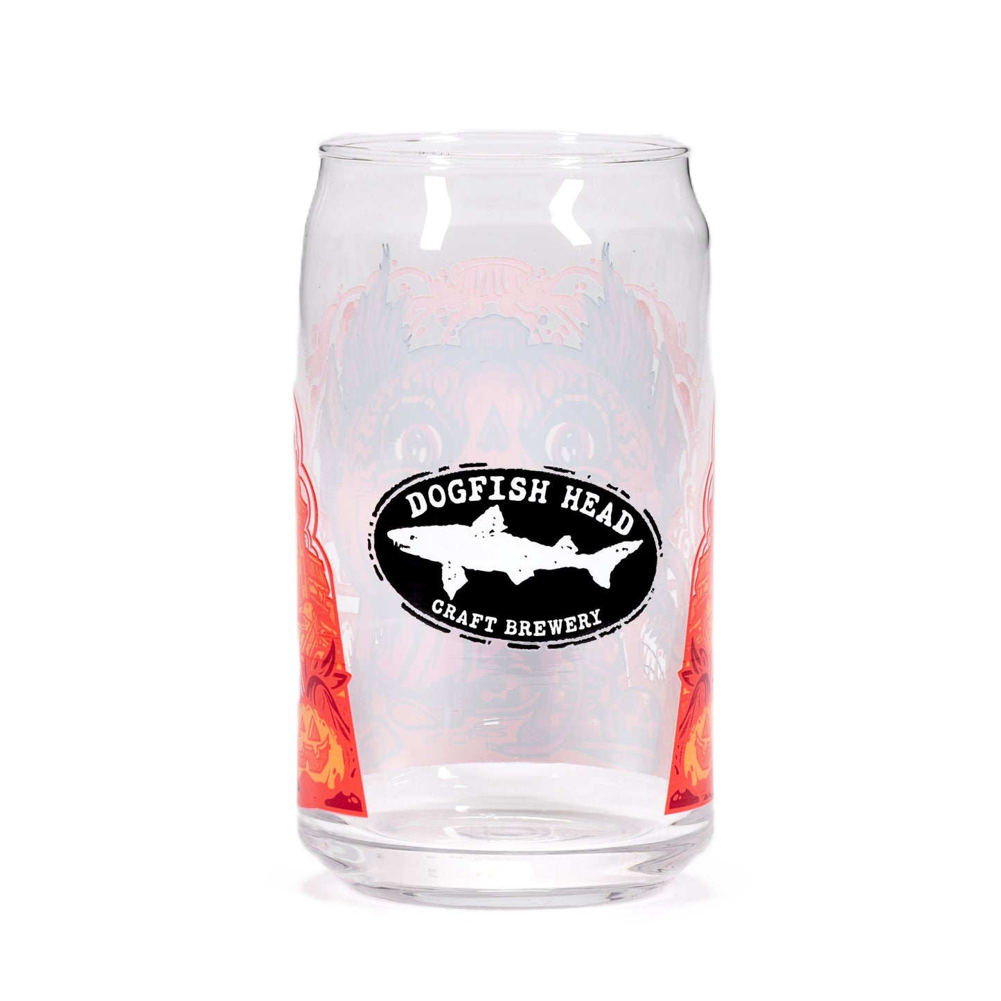 The Punkin Can Glass by Grandstand Glassware & Apparel is a clear glass with a slightly inward-curved rim, featuring the Dogfish Head Craft Brewery logo in black and white, plus red decorative graphics in the background.
