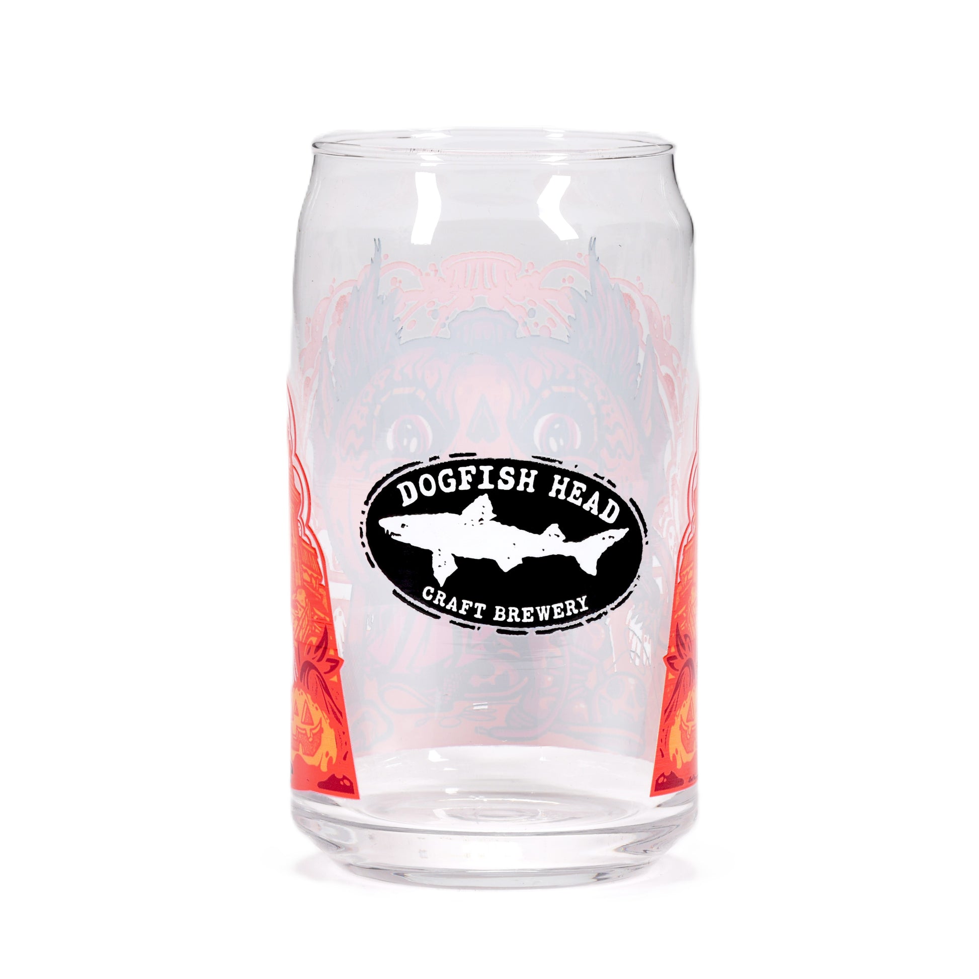 The Punkin Can Glass by Grandstand Glassware & Apparel is a clear glass with a slightly inward-curved rim, featuring the Dogfish Head Craft Brewery logo in black and white, plus red decorative graphics in the background.