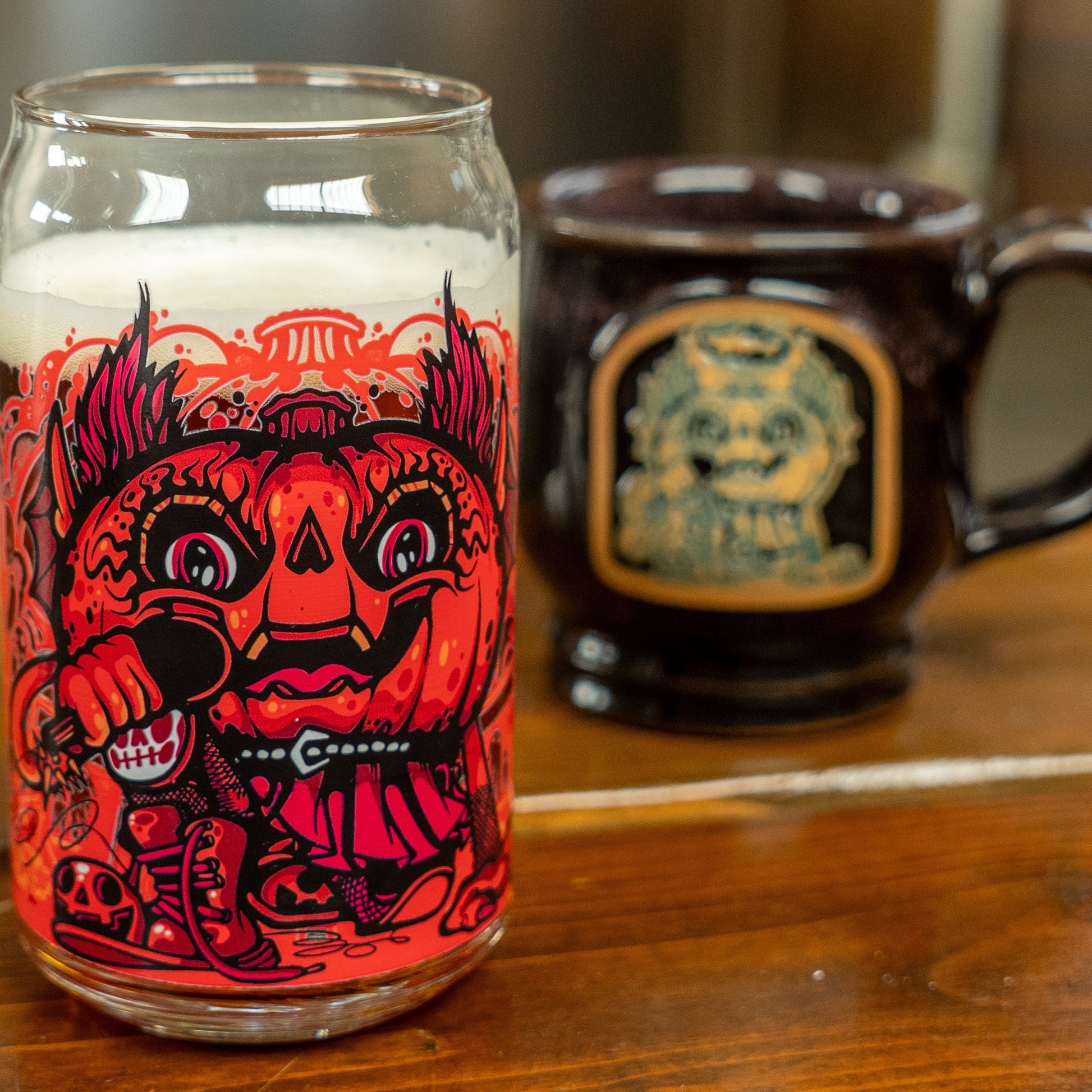 Close-up of the punkin can glass with the mug in the background.