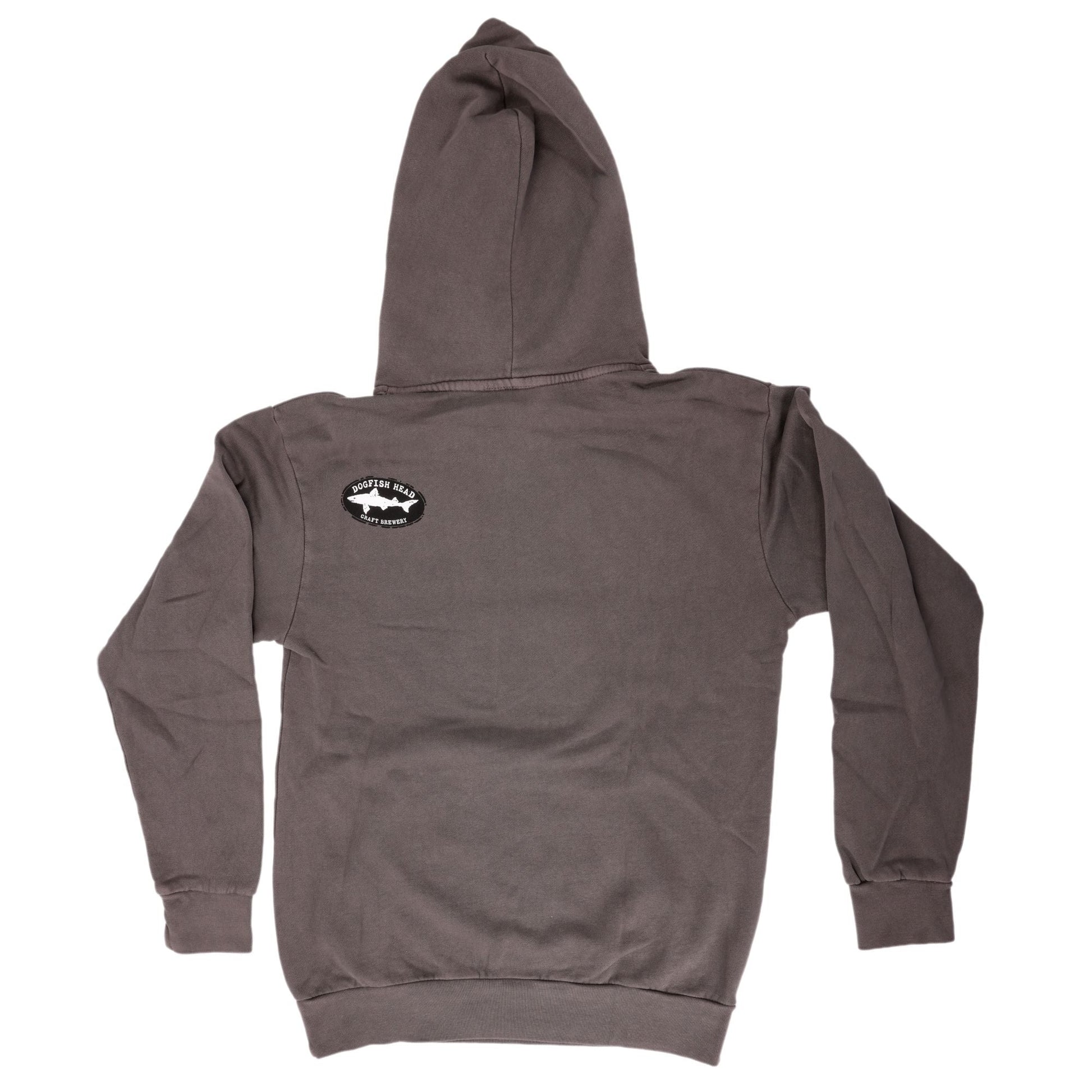 The Punkin Pullover Hoodie by GO WEST T-SHIRT COMPANY is a gray oversized hoodie, shown flat from the back, featuring a small oval logo with a fish and "Brown Trout Research," inspired by classic Punkin Lady styles.