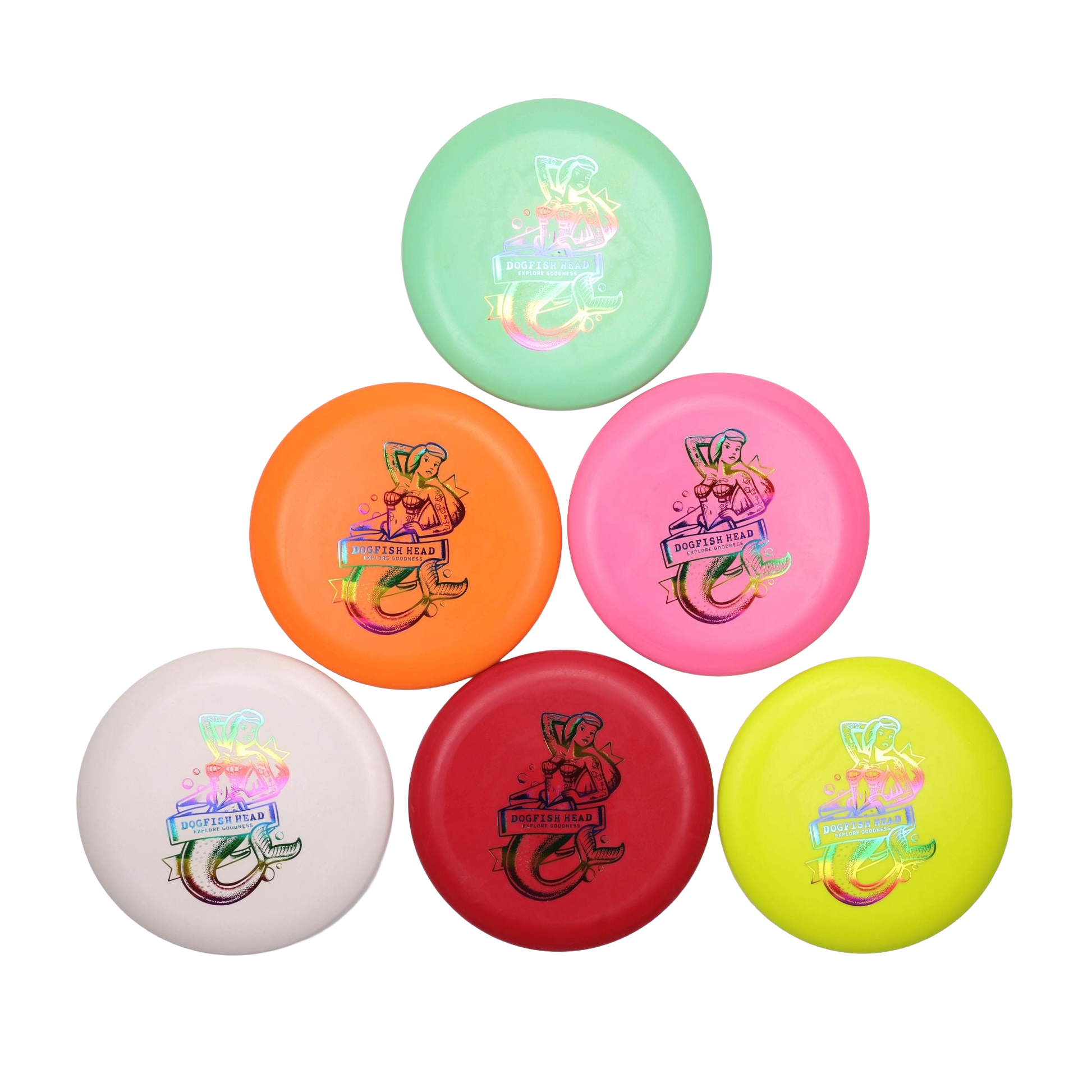 Six vibrant Innova Disc Golf Putter Discs—green, pink, orange, white, red, and yellow—each display a stylized ponytailed woman and “Putter Hard.” Arranged on a white background, they’re perfect for frisbee golf fans.