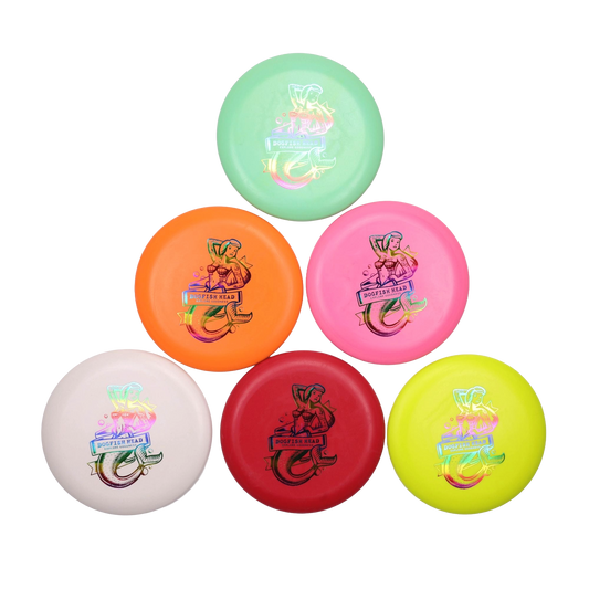 Six vibrant Innova Disc Golf Putter Discs—green, pink, orange, white, red, and yellow—each display a stylized ponytailed woman and “Putter Hard.” Arranged on a white background, they’re perfect for frisbee golf fans.