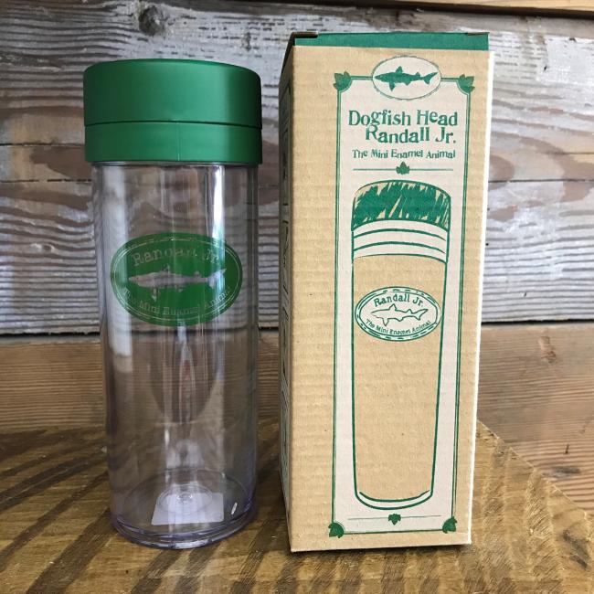 A clear plastic Randall Jr bottle with a green lid and oval logo from Arrasmith Promotions LLC stands beside its box, ideal for unique infusions, featuring The Mini Enamel Animal art and a sketch of the super-thick Randall bottle.