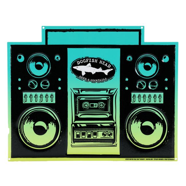 Illustration of a Retro Stereo Blue Gradient Boombox Tacker by Tintackers.com, featuring speakers, cassette deck, and brand logo—ideal vintage wall décor for music or beer fans.
