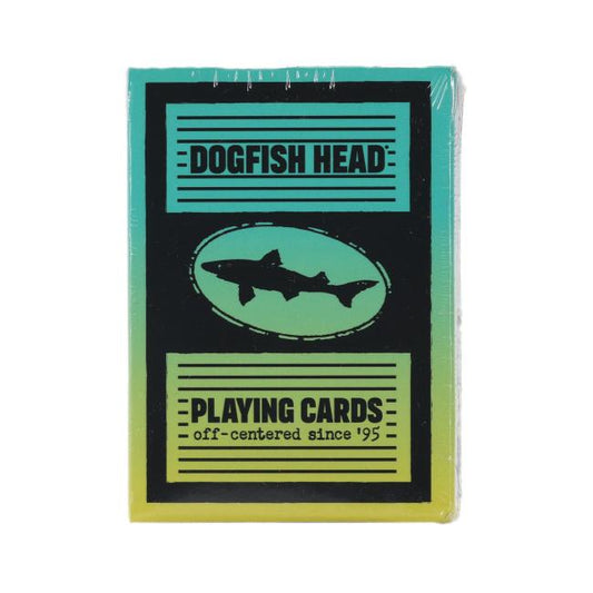 The United States Playing Card Company Retro Stereo Playing Cards feature a teal and yellow gradient with a black shark silhouette and "Playing Cards off-centered since 95" on the box—ideal for fans of craft beer and retro design.