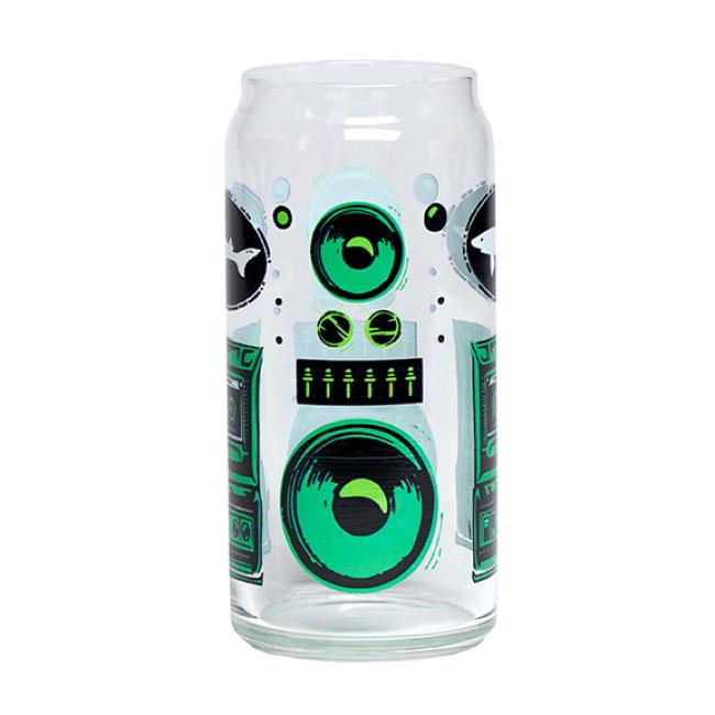 The Retro Stereo Tall Boy Can Glass by Grandstand Glassware & Apparel features a soda can shape and bold green and black speaker graphics, giving it a retro boombox vibe—perfect for enjoying your Dogfish Head beer.