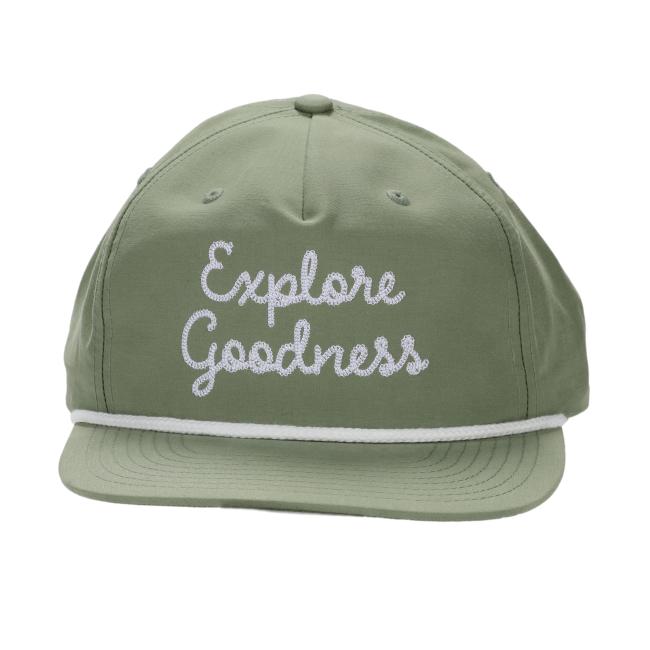 The Sage RICHARDSON Explore Goodness Rope Hat by Richardson features a white rope accent above the brim and "Explore Goodness" embroidered in white on the front.