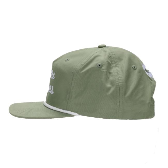 The Sage RICHARDSON Explore Goodness Rope Hat by Richardson features a flat brim, white front embroidery partially visible from the side, and small ventilation holes on top and sides.