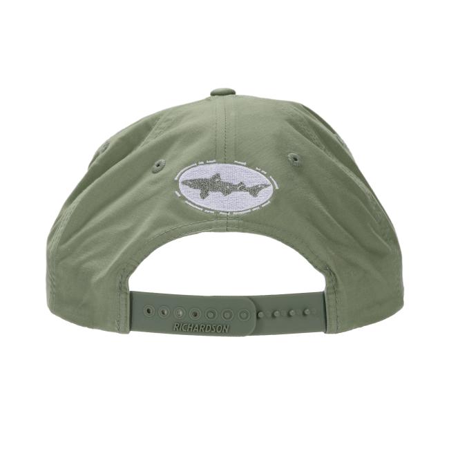 The Sage RICHARDSON Explore Goodness Rope Hat by Richardson is shown from the back, highlighting its adjustable strap and an oval patch with an embroidered fish design above the opening.