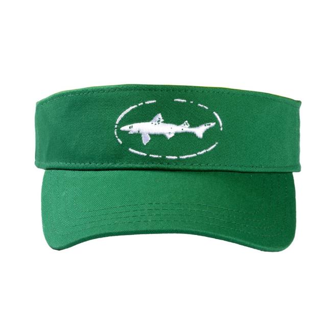 The PUKKA Shark and Shield Visor features an embroidered white fish within a dashed oval on the front. This adjustable Velcro visor adds classic style to any look.