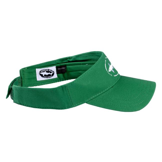 A green Shark and Shield Visor by PUKKA, featuring a white front logo and adjustable strap, is displayed from the side on a plain white background.