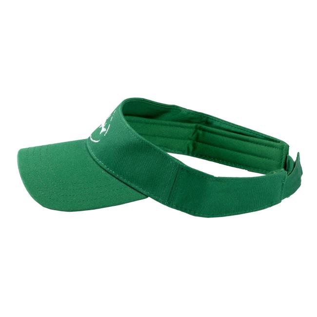 The Shark and Shield Visor by PUKKA features a green logo, curved brim, and adjustable back strap, shown on a white background.