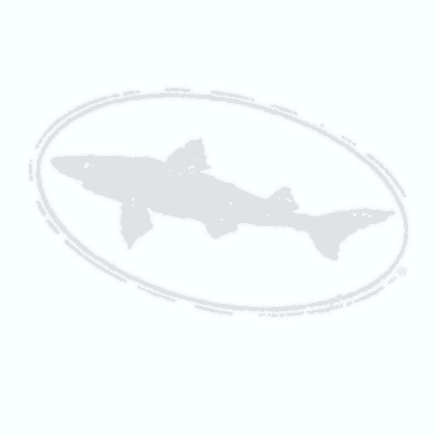 A light gray shark silhouette within an oval sits on a pale background in this Small Logo Decal from KCB Print Resources—an ideal, simple vinyl transfer for fans of sleek emblems or understated style.