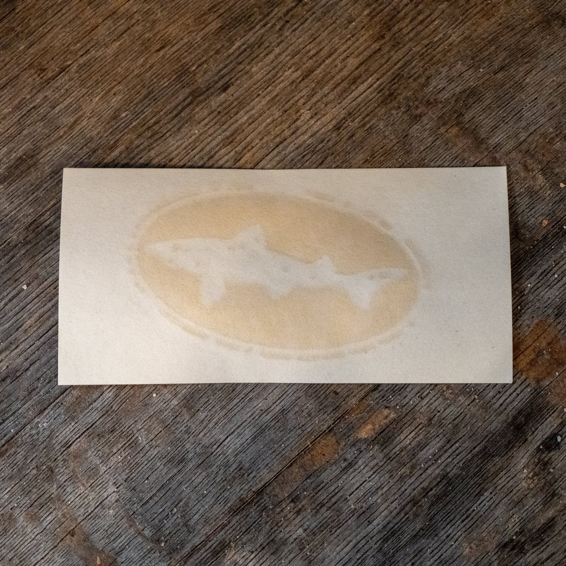 A piece of paper on wood with a faint oval coffee stain, featuring three shark outlines in the center—evoking the style of KCB Print Resources' Small Logo Decal.