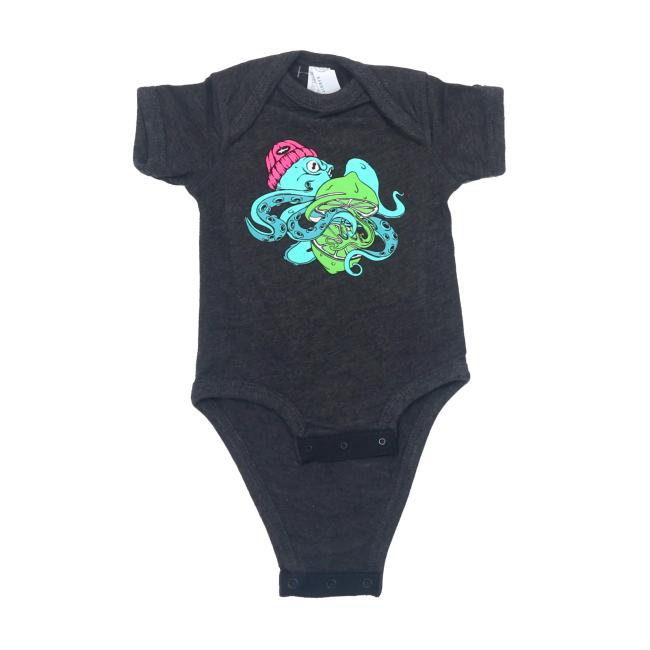 The Smoke Octopus Onesie by GO WEST T-SHIRT COMPANY is a dark gray cotton baby outfit with short sleeves, colorful cartoon octopuses on the chest, and convenient snaps at the bottom.