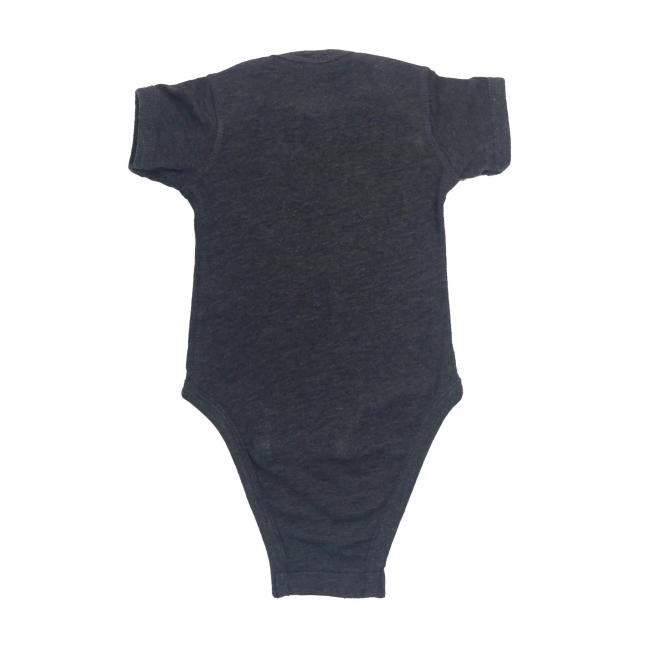 The Smoke Octopus Onesie by GO WEST T-SHIRT COMPANY is a plain, dark gray short-sleeved cotton baby outfit shown flat from the back on a white background.