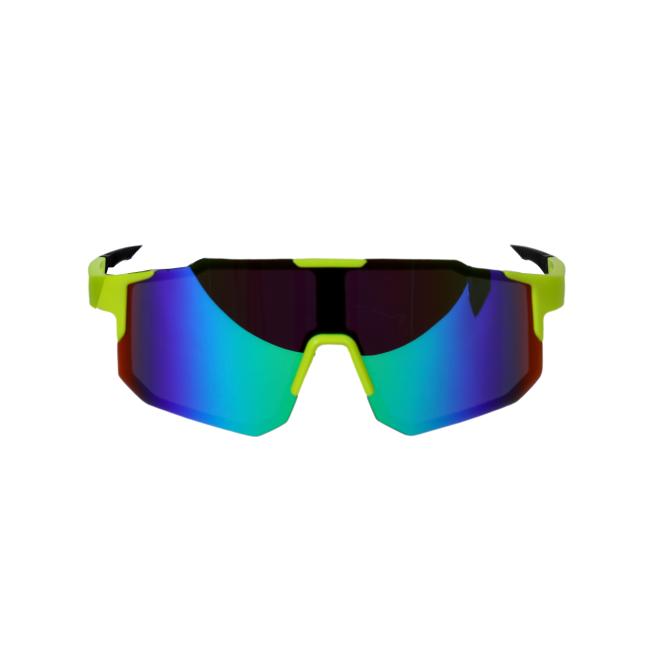 The Arrasmith Promotions LLC Sport Sunglasses feature neon yellow frames and large, mirrored lenses with blue, green, and purple reflections, shown against a plain white background.