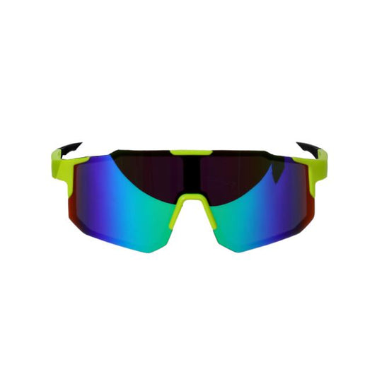 The Arrasmith Promotions LLC Sport Sunglasses feature neon yellow frames and large, mirrored lenses with blue, green, and purple reflections, shown against a plain white background.