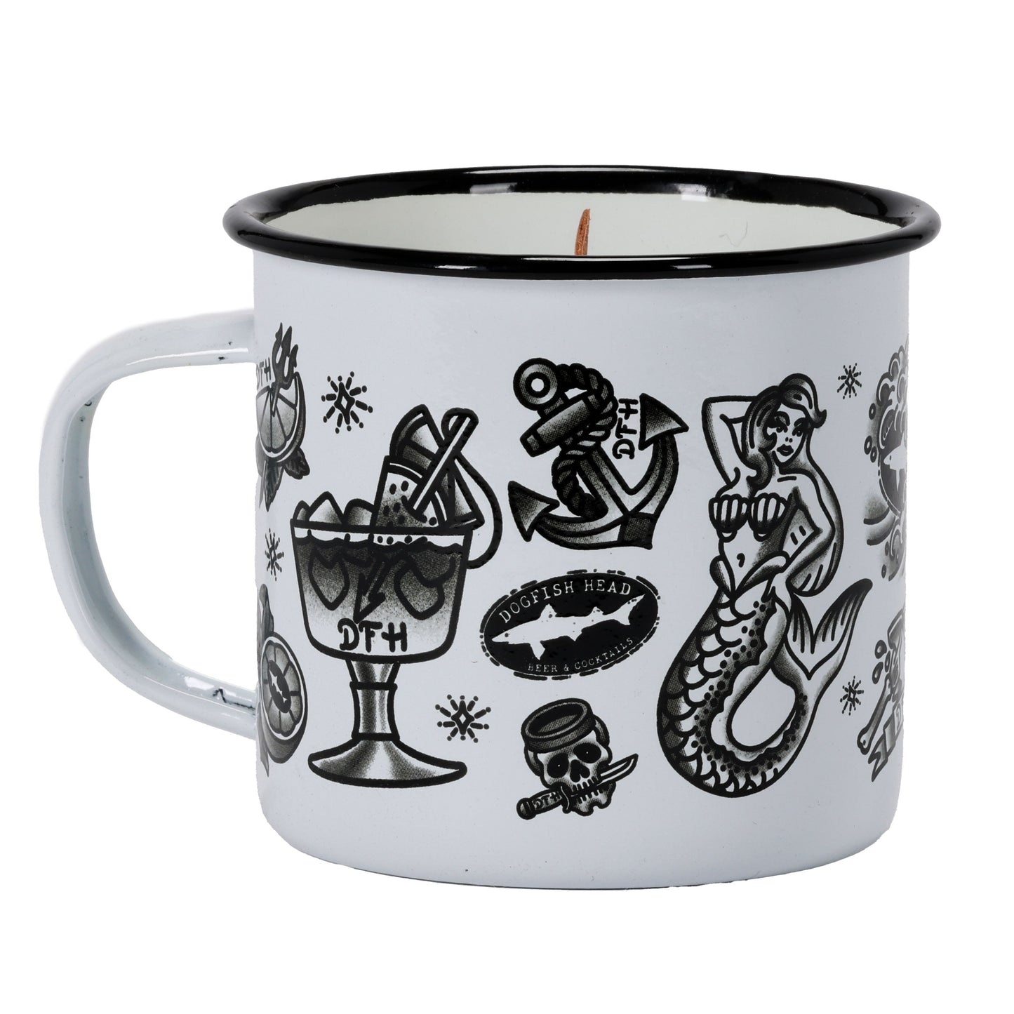 The Tattoo Enamel Mug Candle by Unwined Candles, LLC features black and white traditional designs—mermaid, anchor, cocktail, skull, and stars—on a reusable camping mug with a black rim, adding style to your next adventure.
