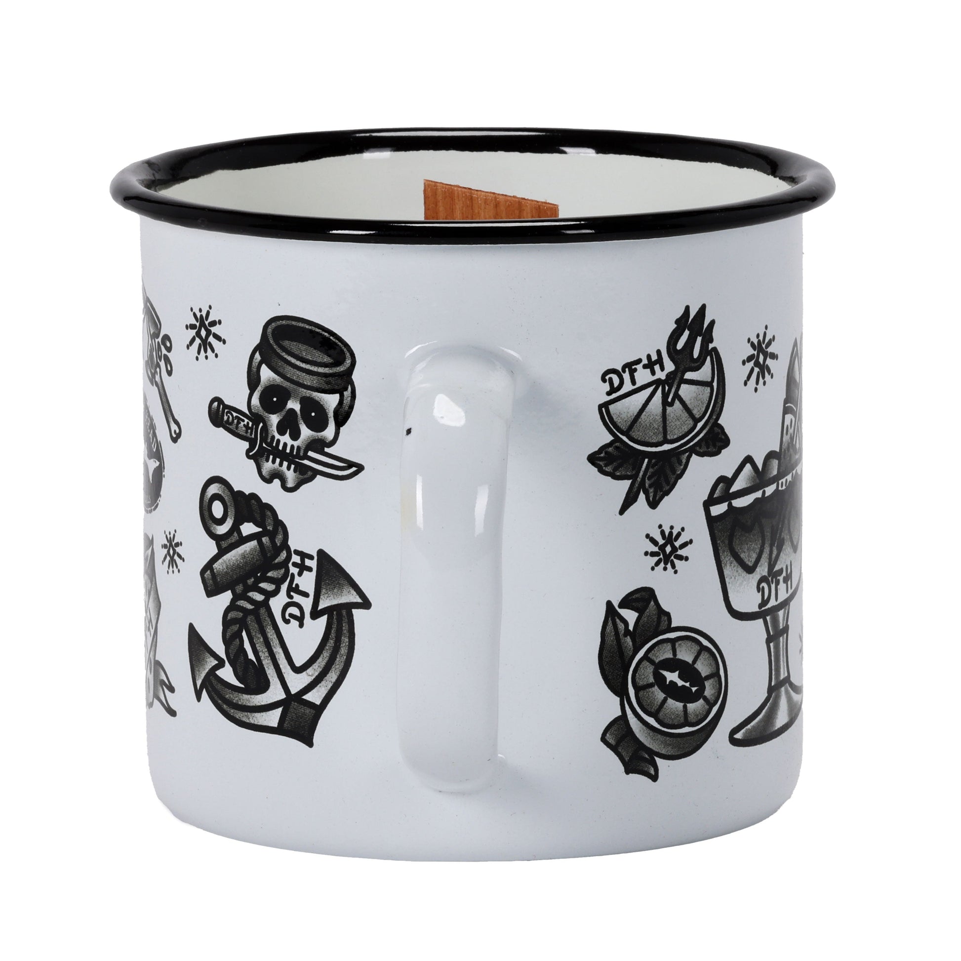 The Tattoo Enamel Mug Candle by Unwined Candles, LLC features classic tattoo-style art—skull with knife, anchor, lemon slice, and more. Durable and reusable with a black rim, it's perfect for edgy adventures or stylish home décor.