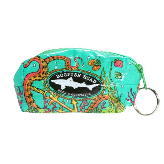 The Teal Underwater Zipper Bag by Bottoms Up is a small bag with a key ring, adorned with an octopus, strawberries, and leaves, plus the Dogfish Head Beer & Cocktails logo—perfect for storing trinkets.