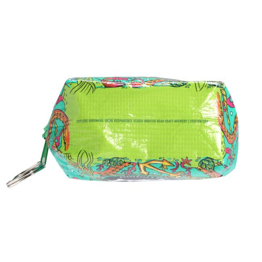 The Bottoms Up Teal Underwater Zipper Bag features a bright green base, vibrant ocean illustrations, and a metal key ring—perfect for storing trinkets in style.