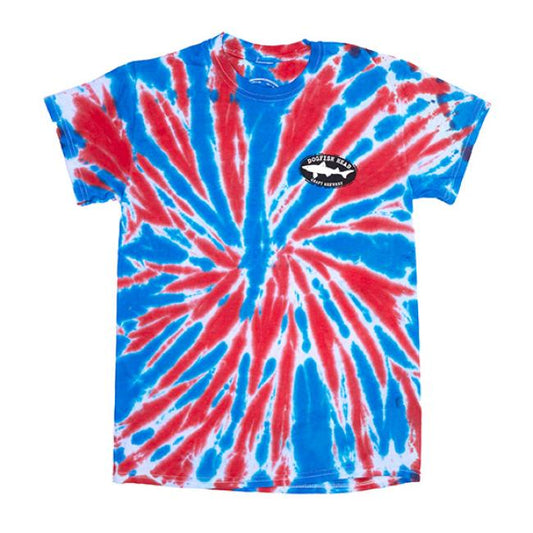 The Tie Dye Logo Short Sleeve Tee by GO WEST T-SHIRT COMPANY is a unisex shirt with a red and blue spiral tie dye pattern and a small black and white Rooster Run logo featuring a fish graphic on the left chest.