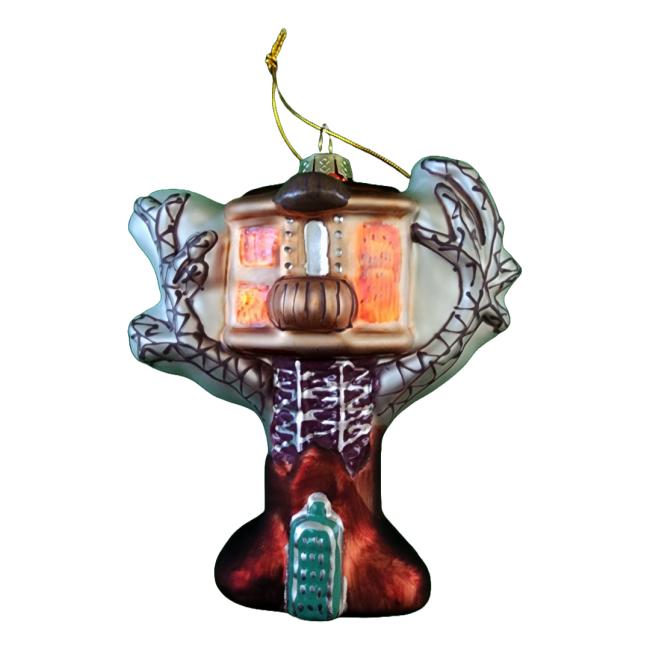The Bottoms Up Treehouse Ornament is a glass Christmas decoration shaped like a stylized moose head with wide antlers and a decorated cabin, hanging easily by a gold string—perfect for treehouses or craft beer lovers.