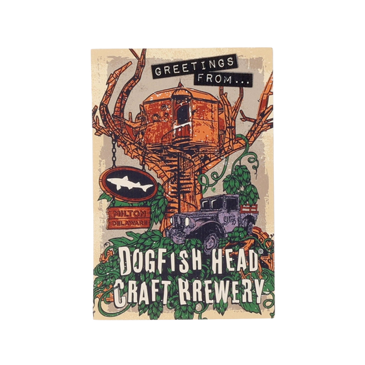 Treehouse Postcard by Douglas Earp Print Consultants—illustrated with an old Jeep, Dogfish Head sign, lush vines, and “Greetings from... Milton, Delaware.” A charming graphic scene perfect for fans of Dogfish Head Craft Brewery.