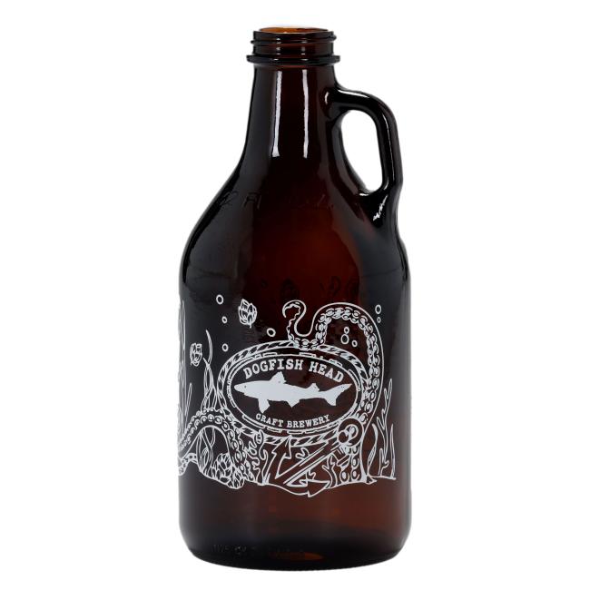The Under the Sea 32oz Growler by Grandstand Glassware & Apparel features a handle, white octopus and underwater design, brewery logo on front. This empty amber growler comes uncapped and is perfect for refilling with your favorite beer.