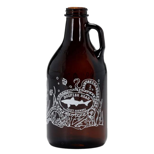 The Under the Sea 32oz Growler by Grandstand Glassware & Apparel features a handle, white octopus and underwater design, brewery logo on front. This empty amber growler comes uncapped and is perfect for refilling with your favorite beer.