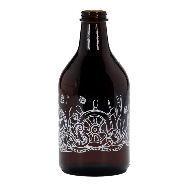 The Under the Sea 32oz Growler by Grandstand Glassware & Apparel features a white nautical-themed design with a ship’s wheel, waves, and seaweed on an amber growler, shown open with no cap against a plain white background.