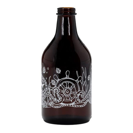 The Under the Sea 64oz Growler by Grandstand Glassware & Apparel is a dark brown amber glass growler featuring nautical-themed white illustrations. This empty growler does not include a cap.